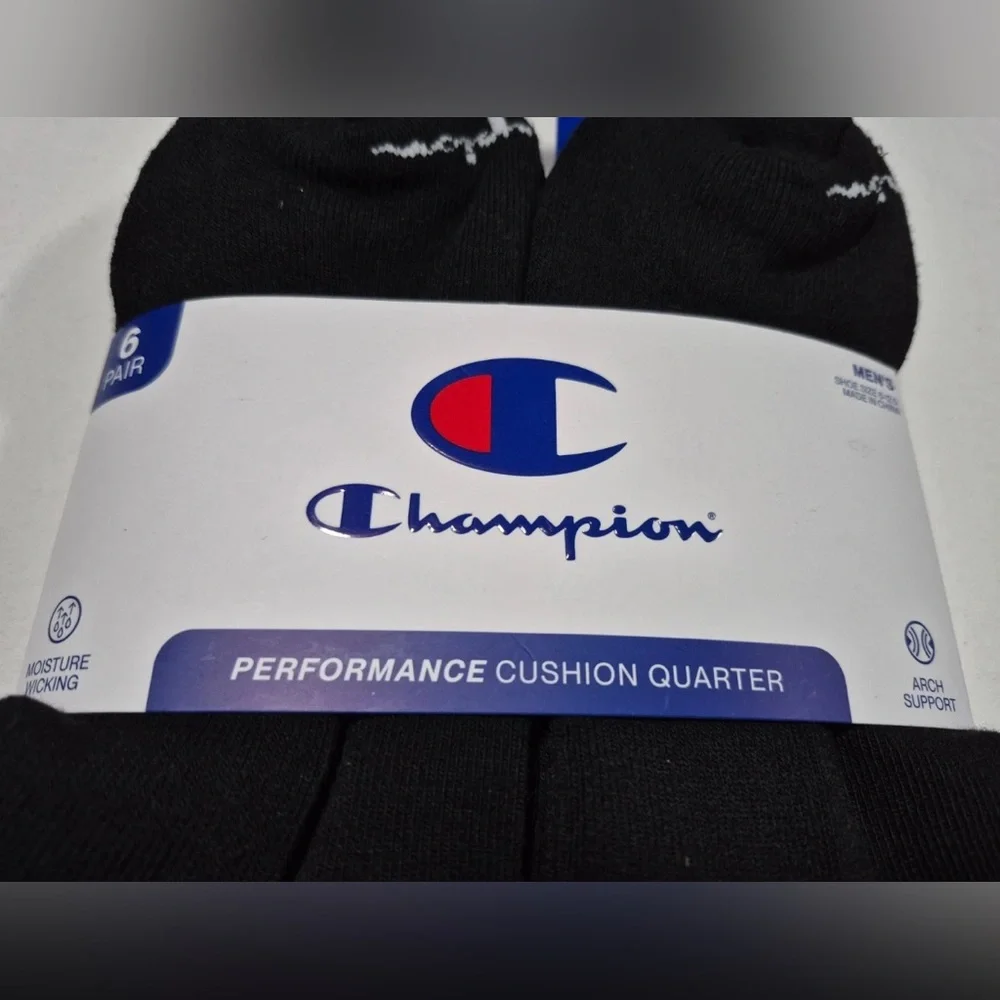 Champion Men’s Performance Cushion Quarter Ankle Socks 6 pairs black size 6-12